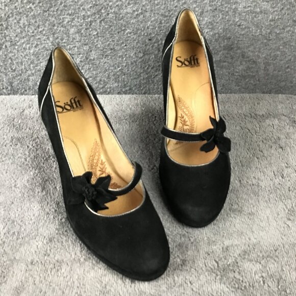 SOFFT Rockabilly BLACK SUEDE MARY JANES 8M PUMPS PLATFORM FLOWER STRAP - Picture 2 of 10